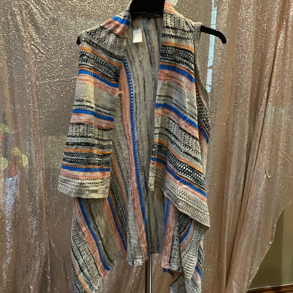 Open-Front Striped Knit Poncho Shrug in Cream, Blue & Coral